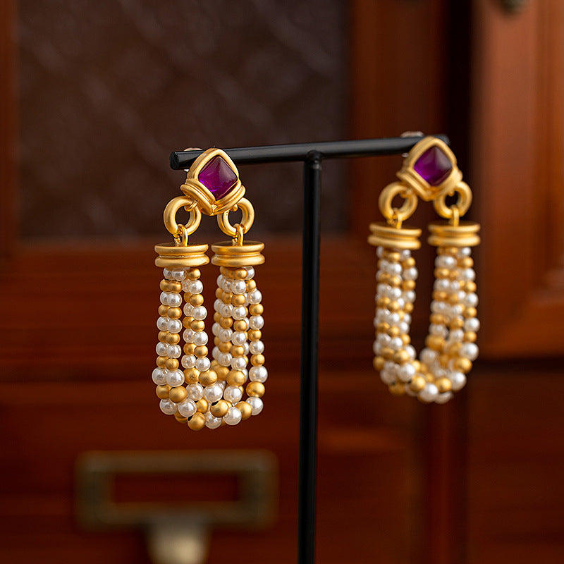 Pearl Beaded Tassel Statement Earrings
