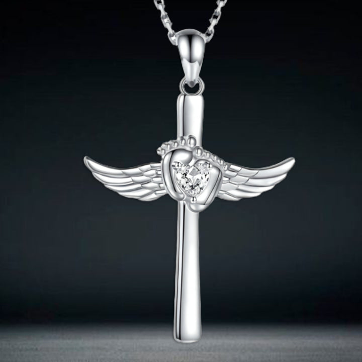 Angel Wings Baby Footprint Cross Pendant Necklace