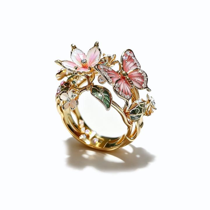 Colorful Enamel Floral Butterfly Ring