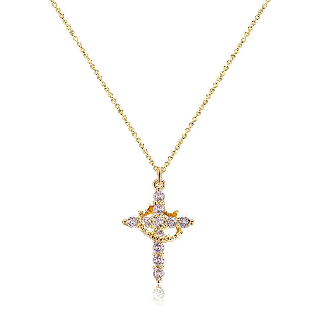 Birthstone Crown Cross Pendant Daily Necklace