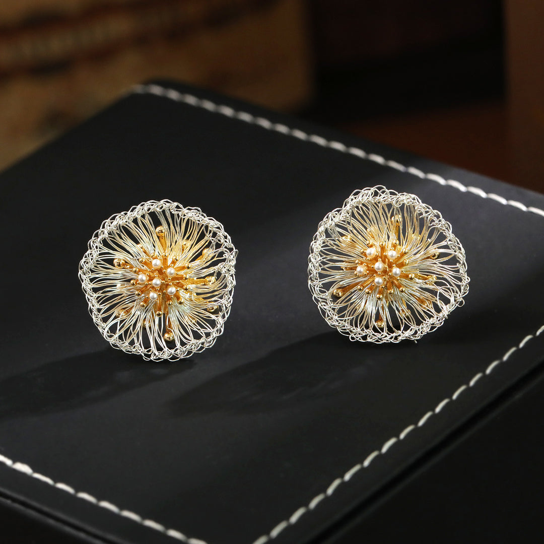 Handwoven Dandelion Pearl Stud Earrings