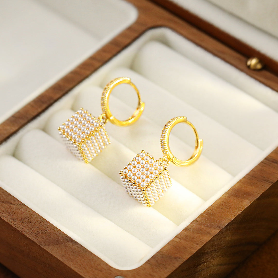 Pearl Cube Huggie Drop Earrings