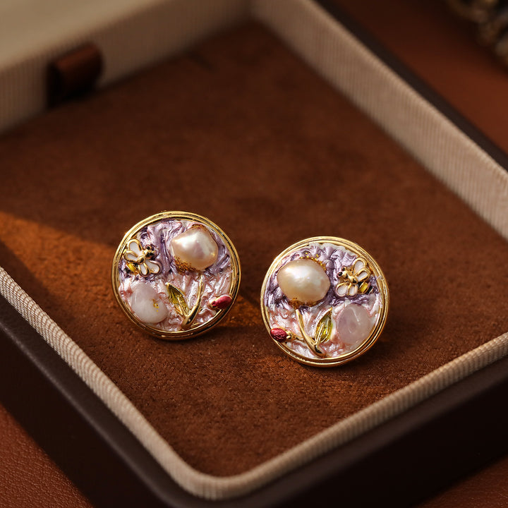 Violet Garden Pearl Stud Earrings