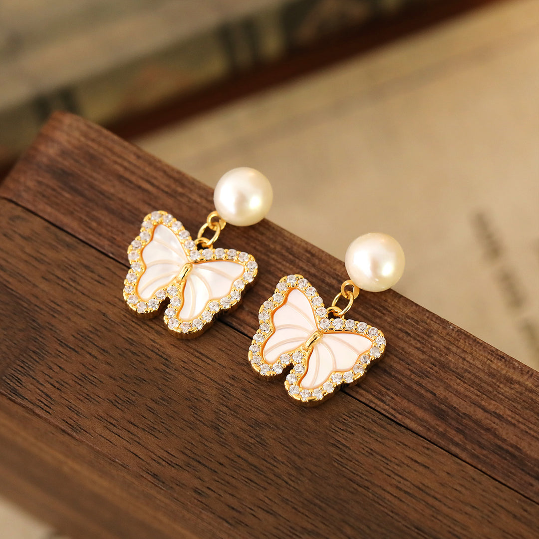 Pearl Shell Butterfly Drop Earrings