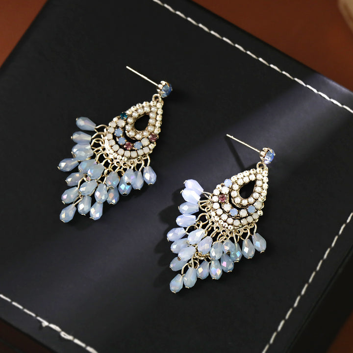 Blue Beaded Tassel Drop Earrings