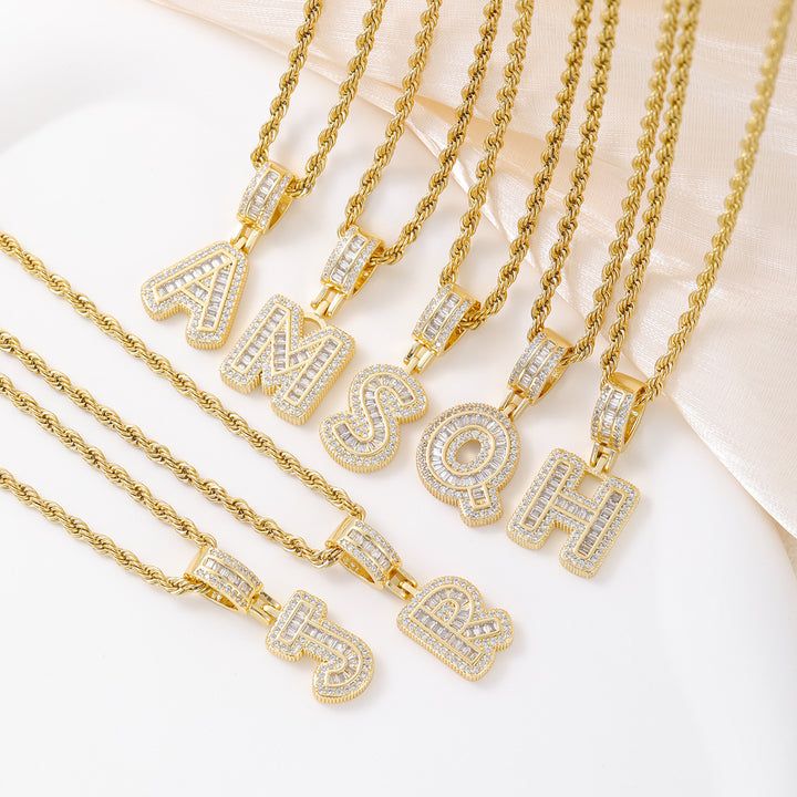 Zircon Letter Pendant Twisted Rope Necklace