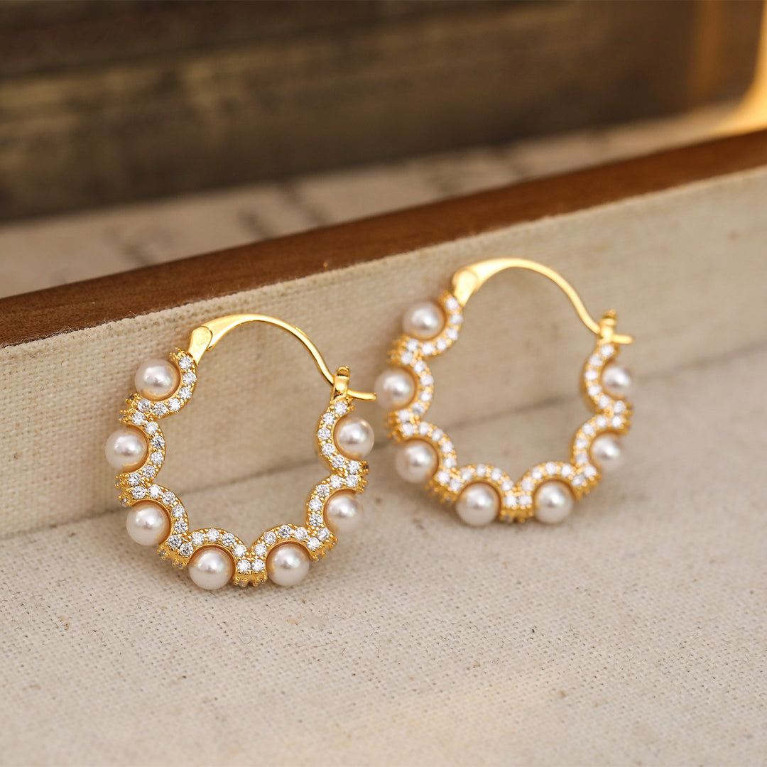 Pearl and Zircon Scalloped Hoop Earrings