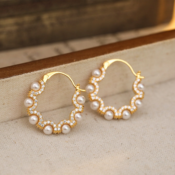 Pearl and Zircon Scalloped Hoop Earrings