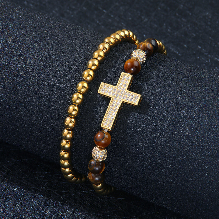 Cross Zircon Beaded Stretch Bracelet Set for Men