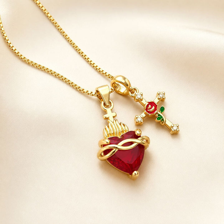 Sacred Heart Rose Cross Multi Charm Necklace
