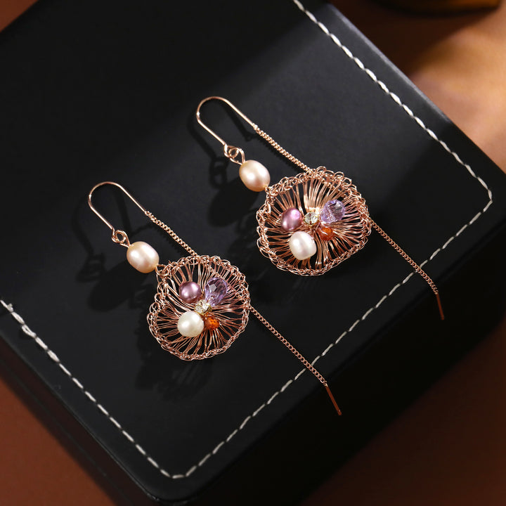 Woven Pearl Dandelion Threader Earrings