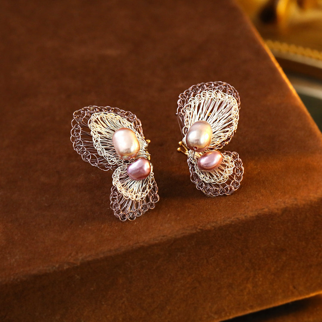 Handwoven Pearl Butterfly Earrings