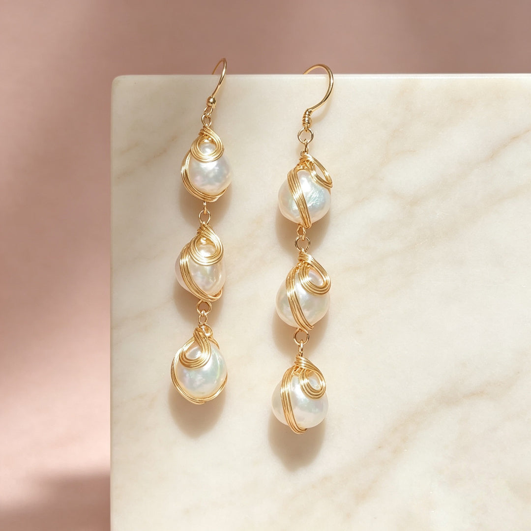 Wire Wrapped Pearl Drop Earrings