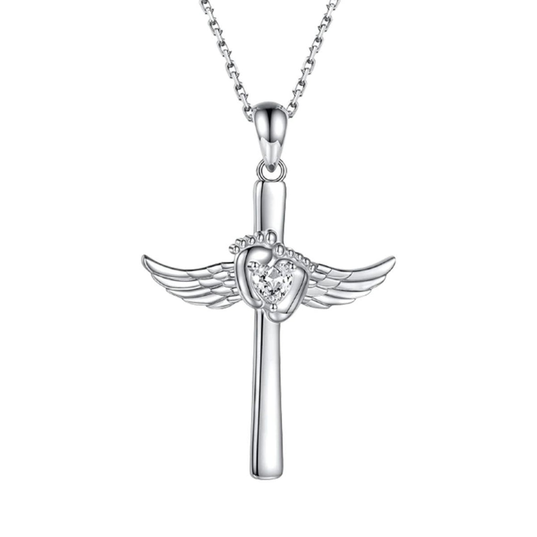 Angel Wings Baby Footprint Cross Pendant Necklace