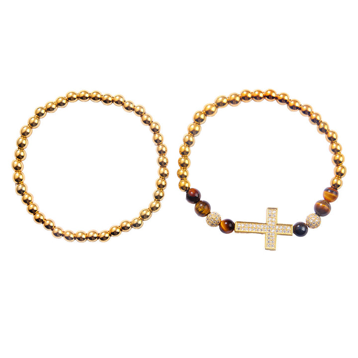Cross Zircon Beaded Stretch Bracelet Set for Men