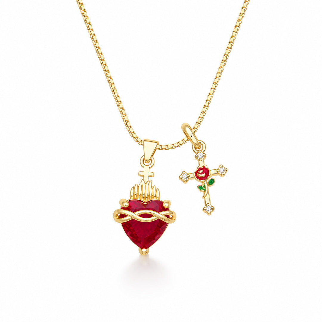 Sacred Heart Rose Cross Multi Charm Necklace