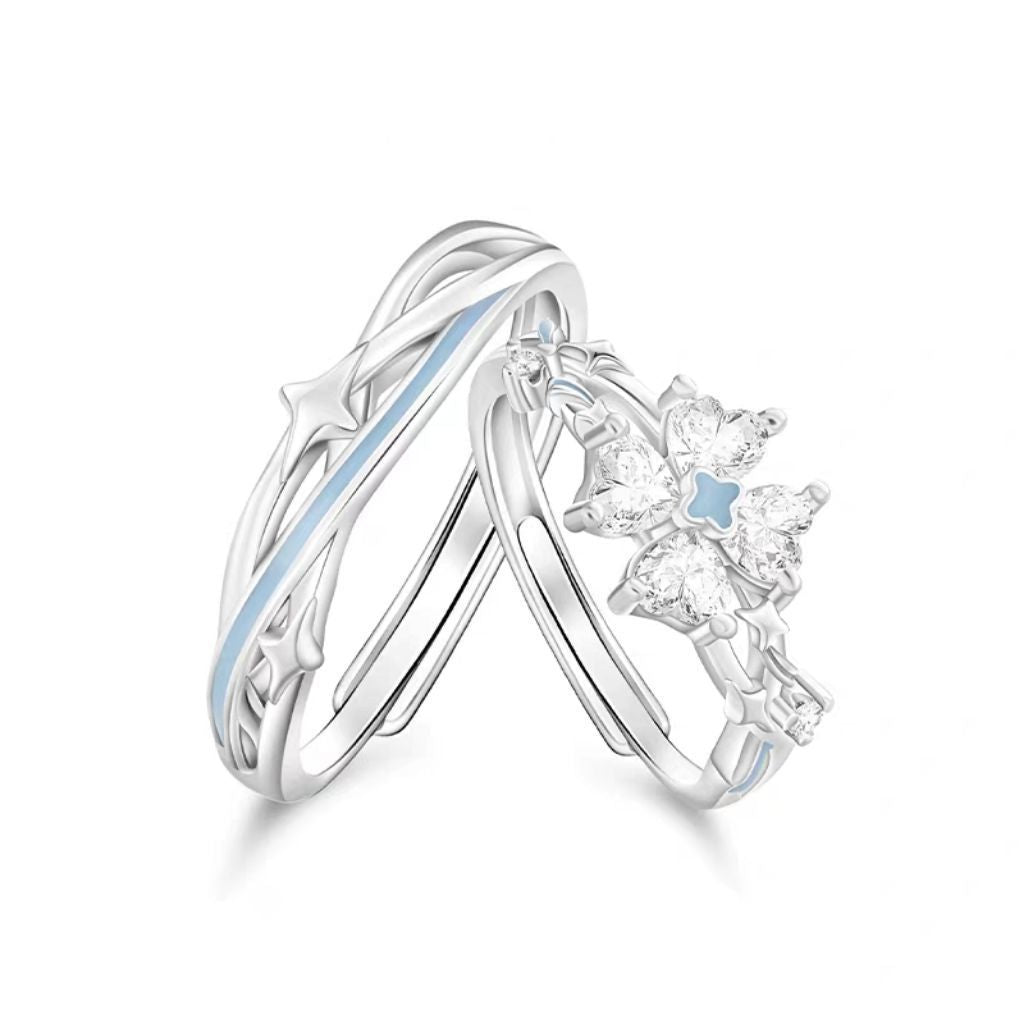 Sparkling Four-Leaf Clover Couple Rings