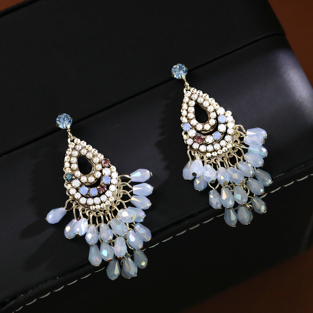 Blue Beaded Tassel Drop Earrings