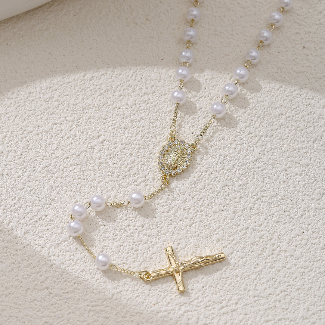 Pearl Madonna Cross Pendant Necklace