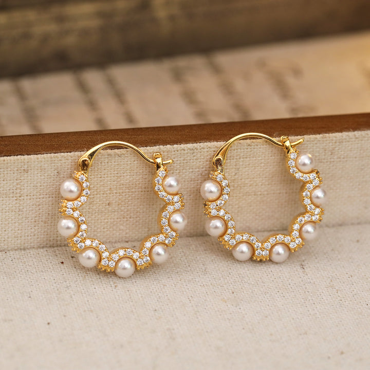 Pearl and Zircon Scalloped Hoop Earrings