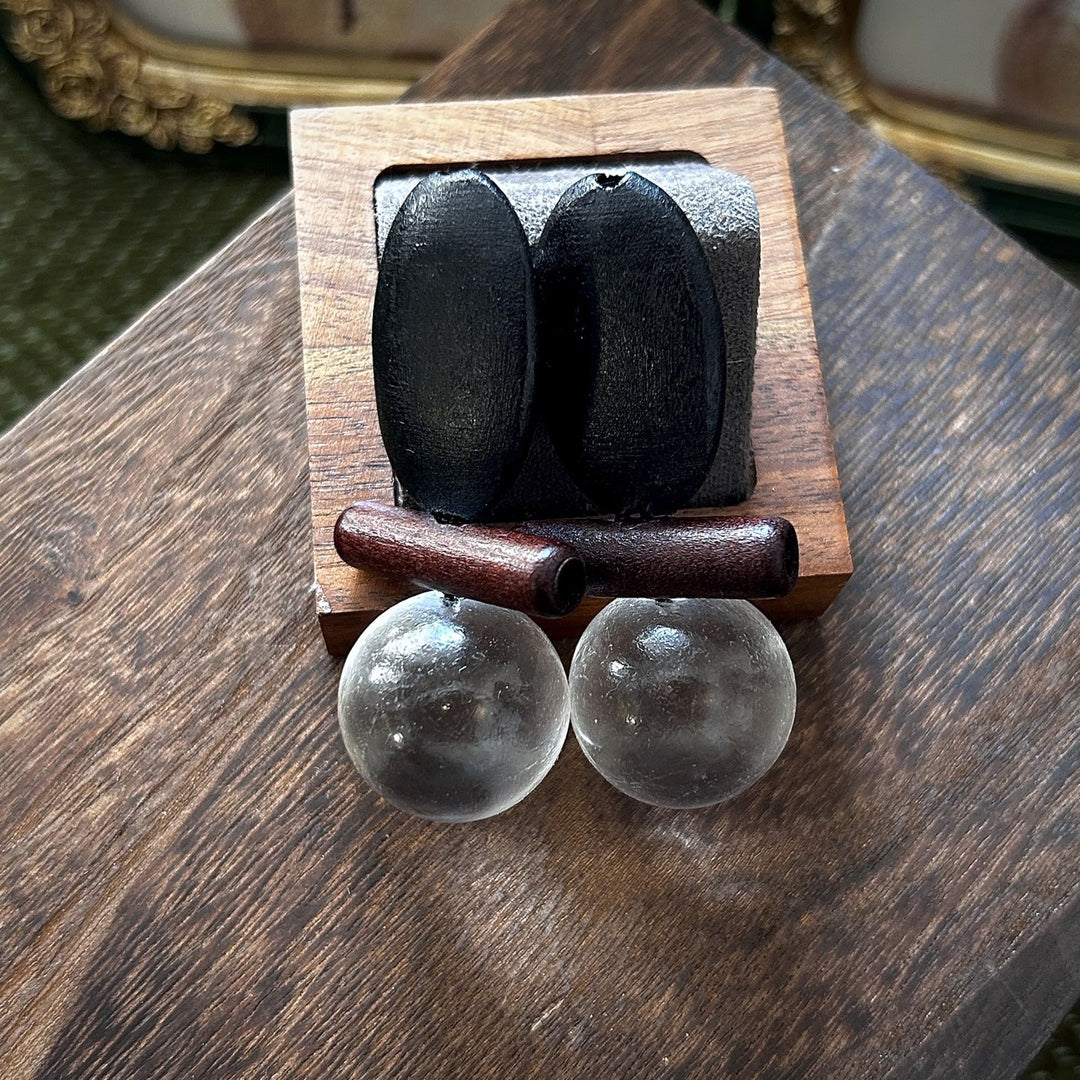 Artisan Wood and Clear Ball Drop Earrings