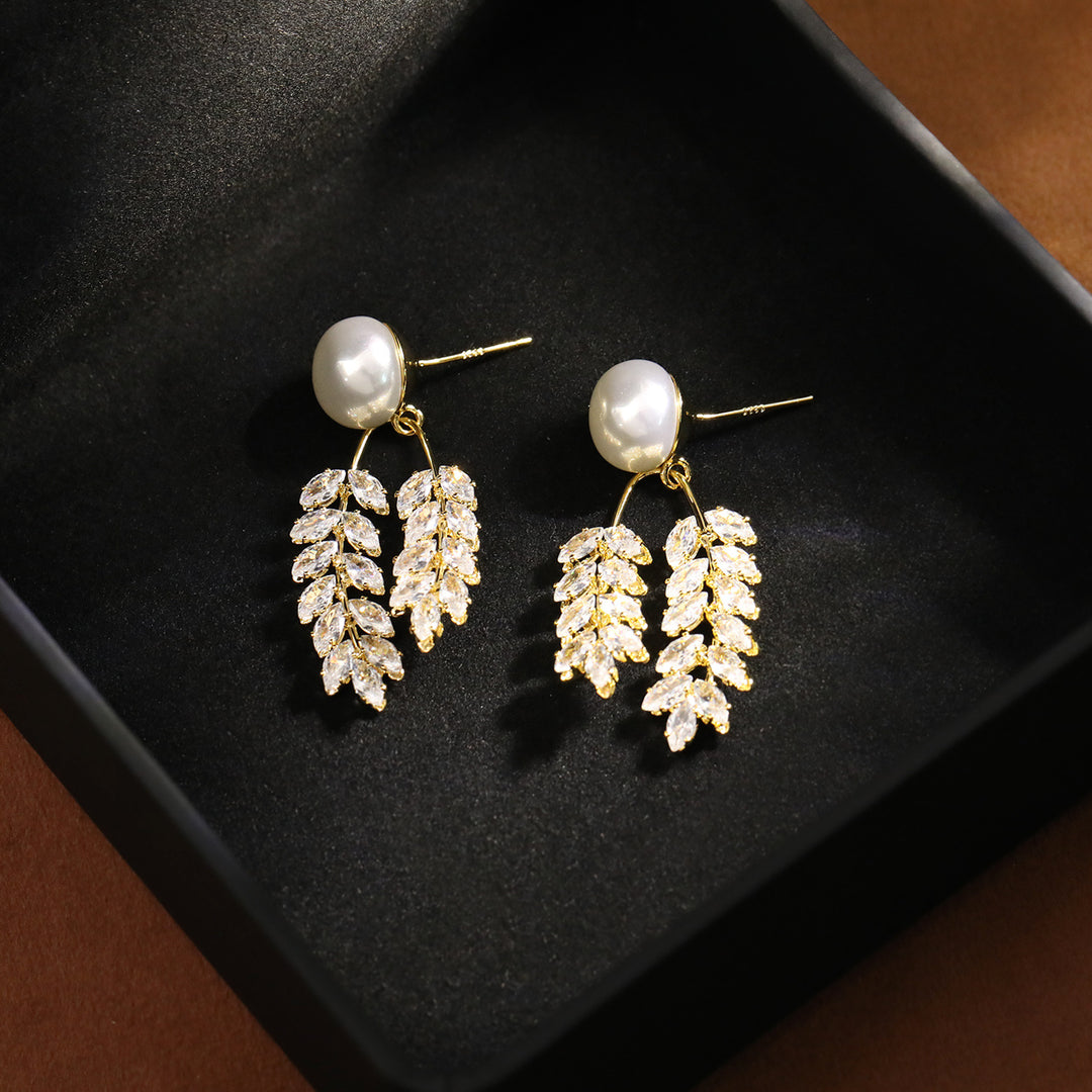 Pearl Wheat Leaf Drop Earrings