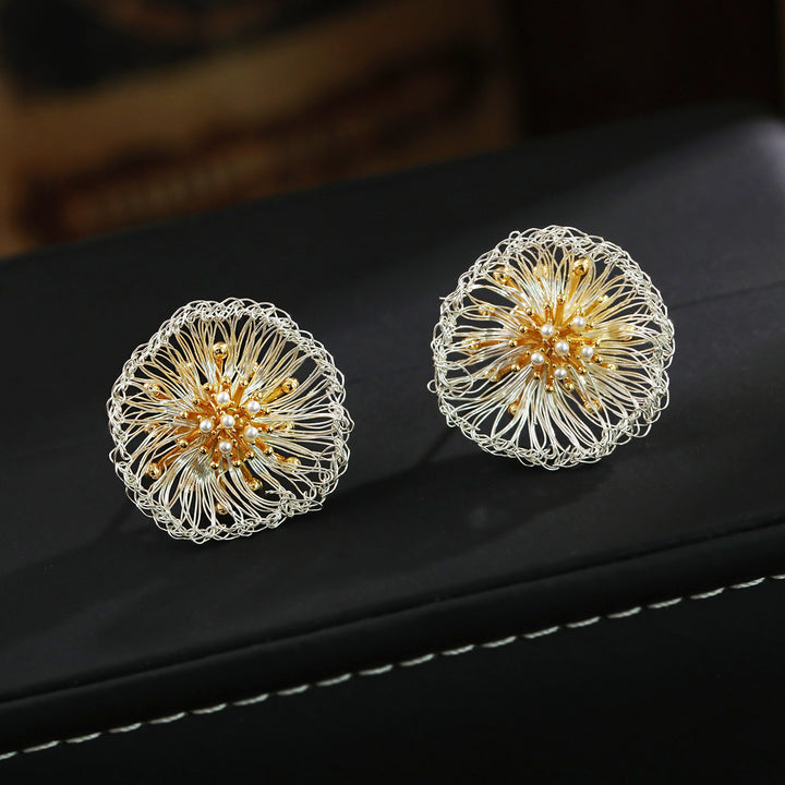 Handwoven Dandelion Pearl Stud Earrings