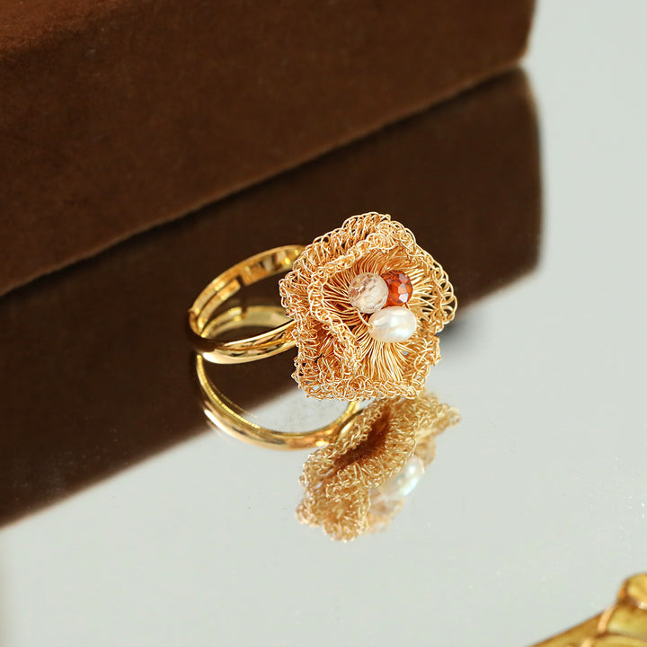 Handwoven Pearl Flower Statement Ring