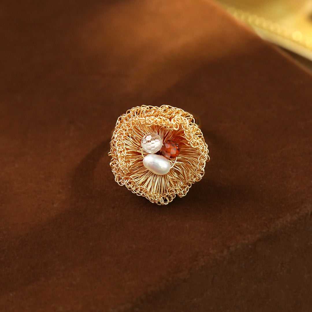Handwoven Pearl Flower Statement Ring