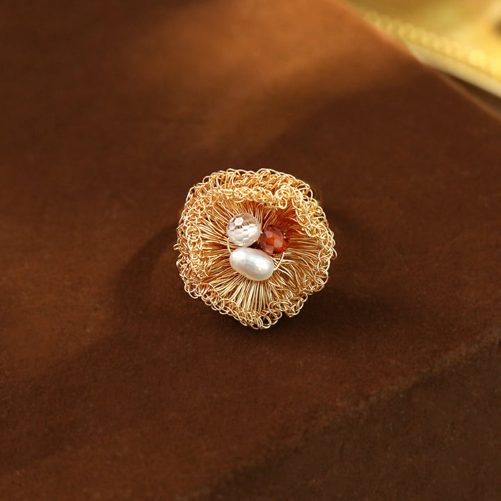 Handwoven Pearl Flower Statement Ring