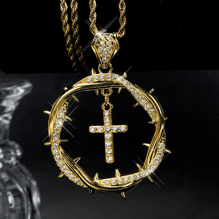Gold Thorn Cross Pendant Necklace Chain