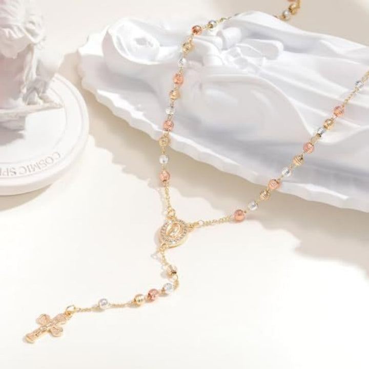 Gold Virgin Mary Rosary Cross Necklace
