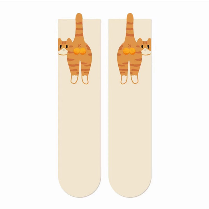 Cute Cat Butt Socks for Women Funny 3D Animal Cotton Mid Calf Socks