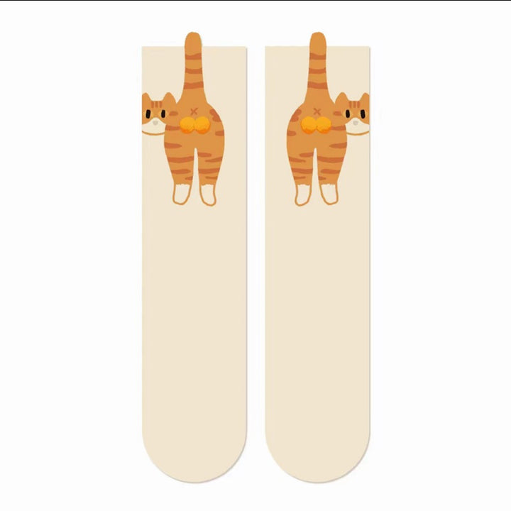 Cute Cat Butt Socks for Women Funny 3D Animal Cotton Mid Calf Socks