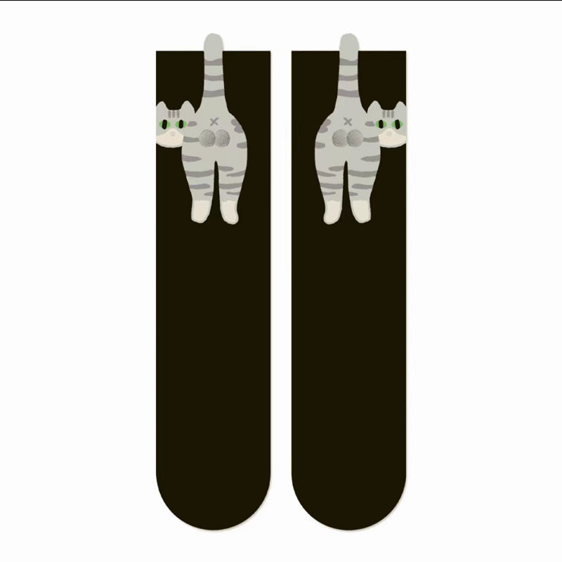 Cute Cat Butt Socks for Women Funny 3D Animal Cotton Mid Calf Socks