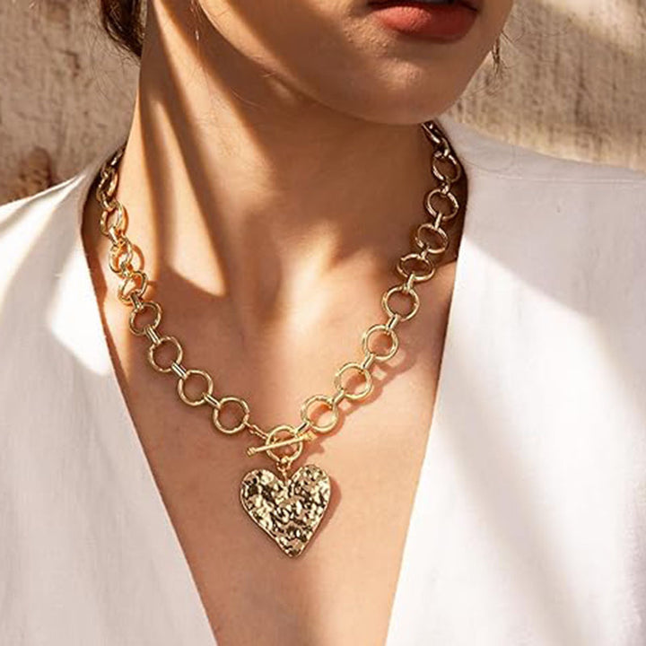 Hammered Heart Pendant T-Chain Necklace