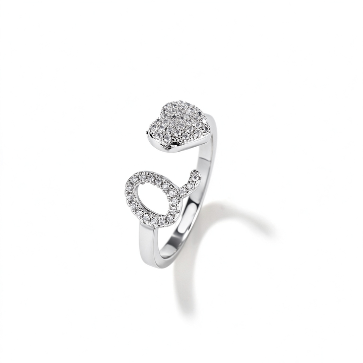 Initial Letter Heart Zircon Adjustable Open Ring