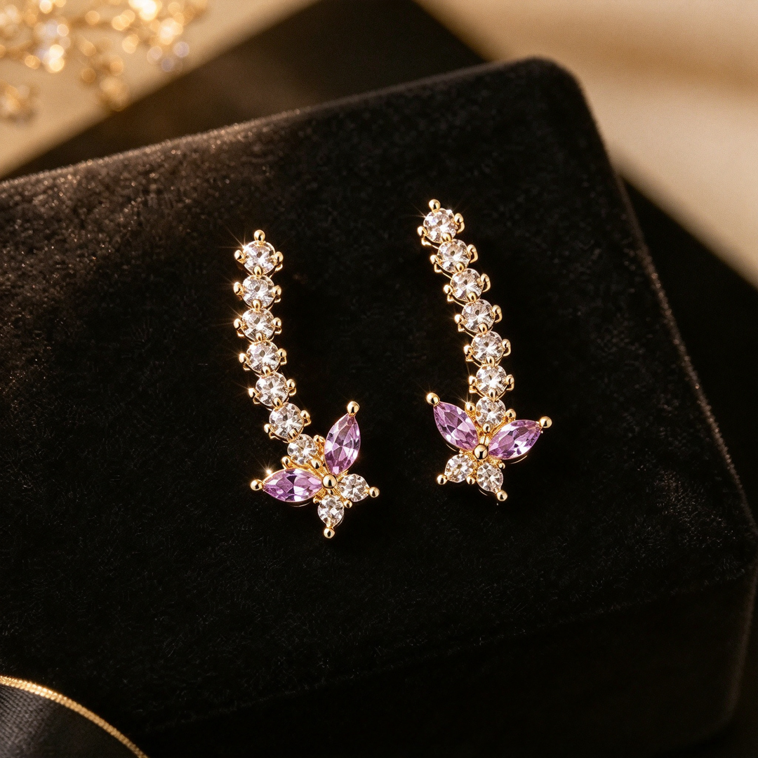 Purple Butterfly CZ Climber Earrings