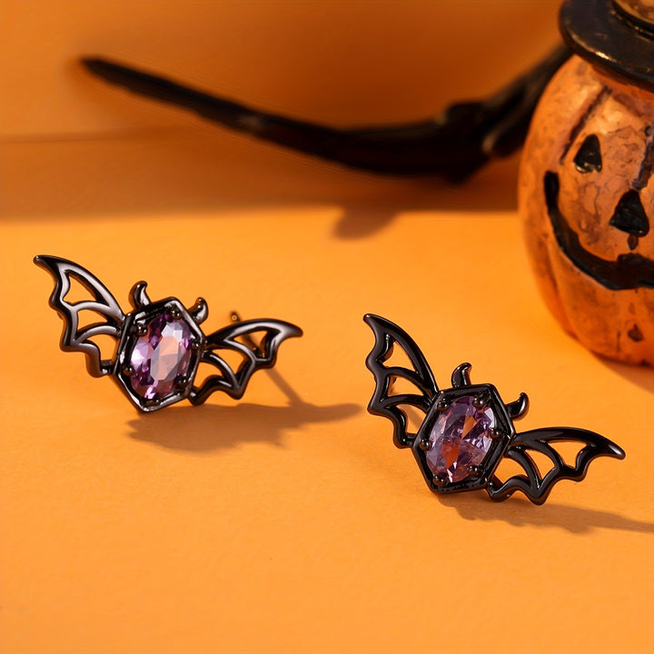 Purple Zircon Bat Halloween Earrings