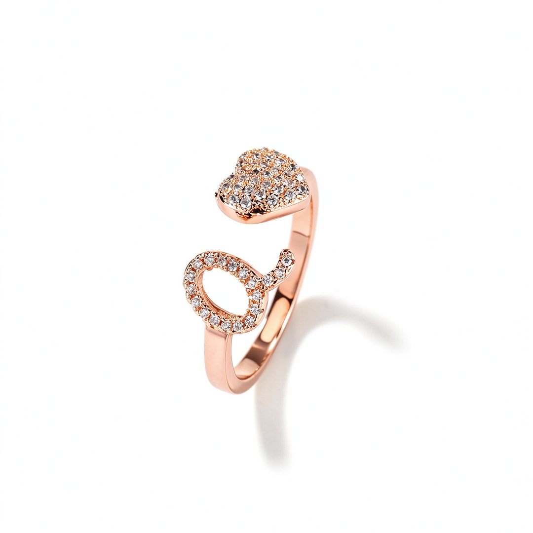 Initial Letter Heart Zircon Adjustable Open Ring