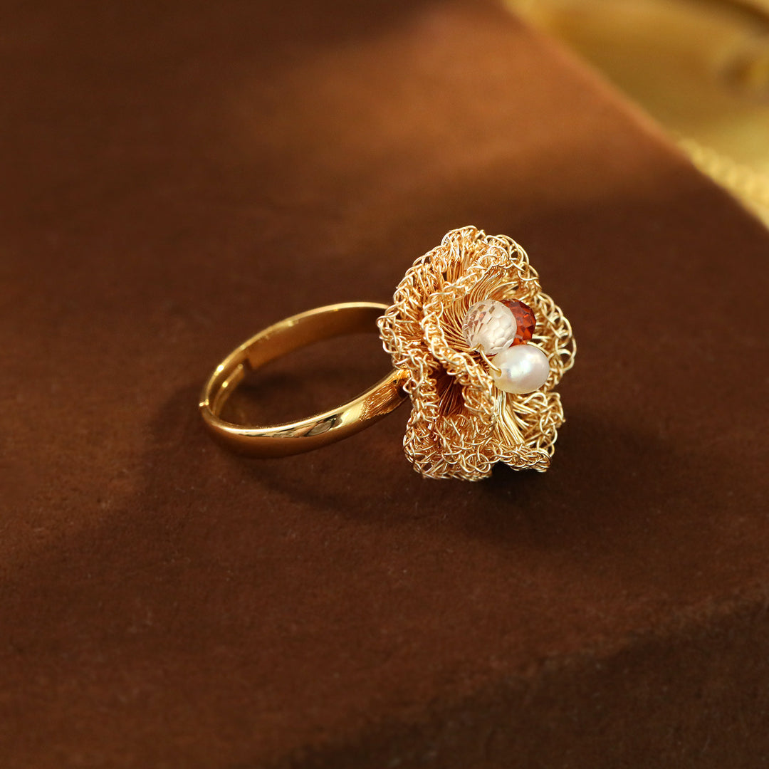 Handwoven Pearl Flower Statement Ring