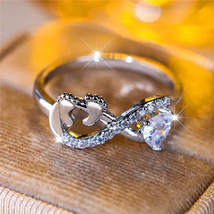 Baby footprint infinity heart cubic zirconia ring
