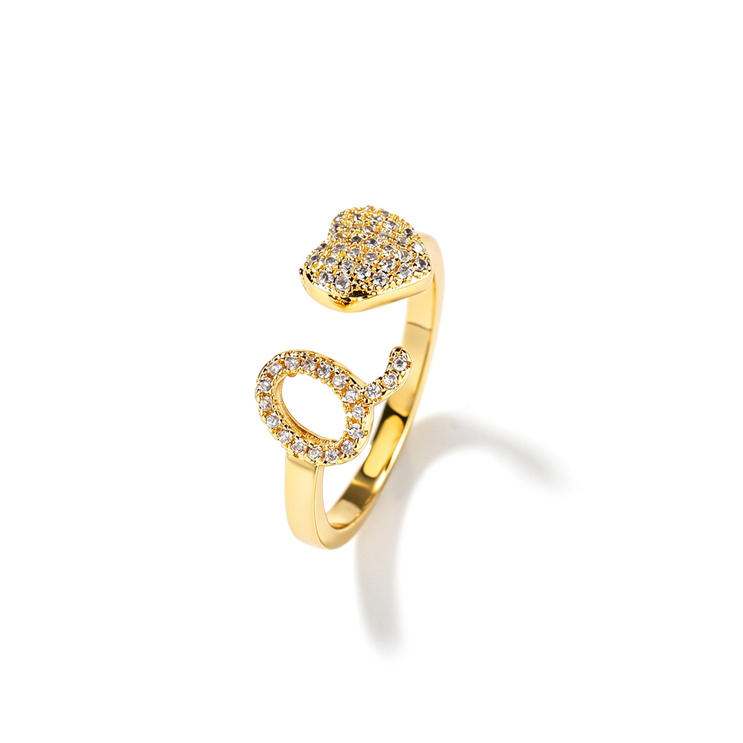 Initial Letter Heart Zircon Adjustable Open Ring