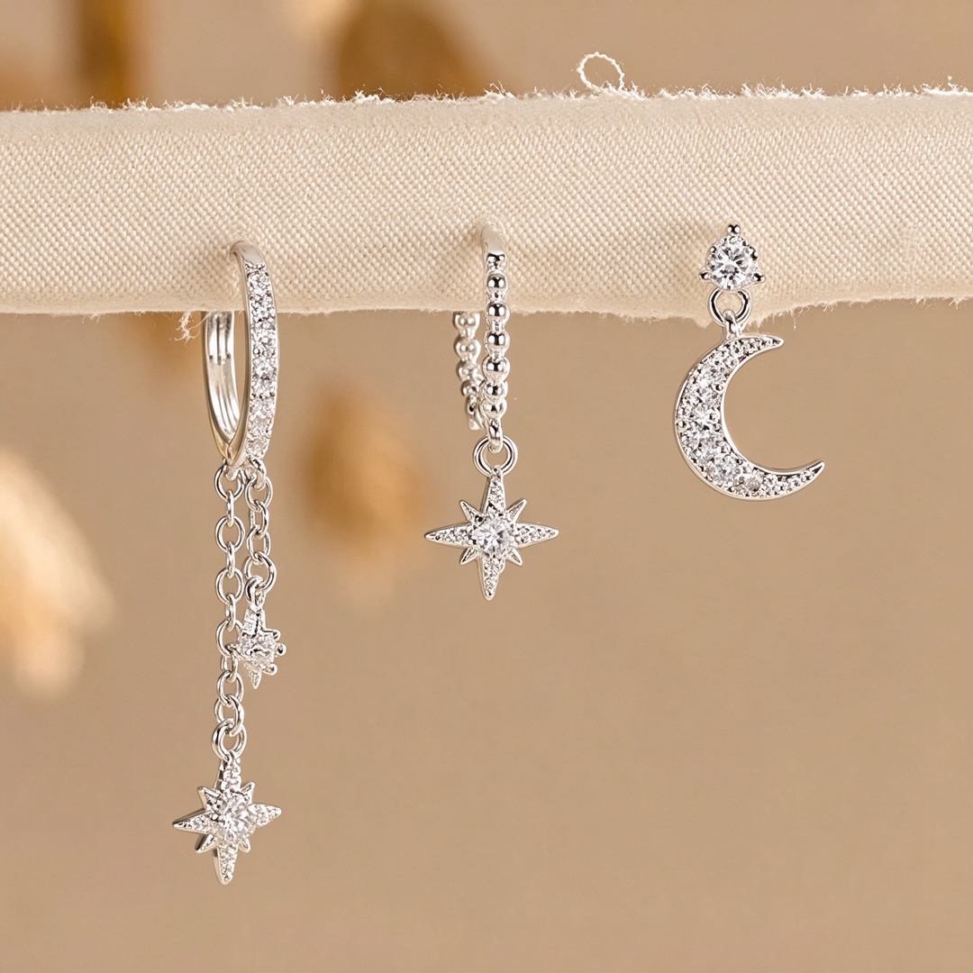 Moon Star Dainty Earring Stack Set