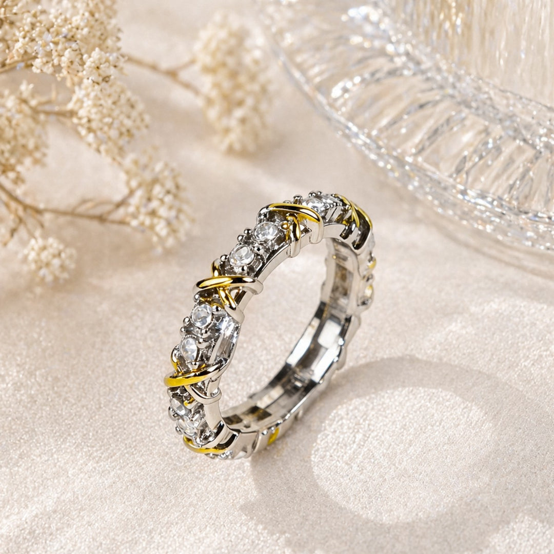 Twisted Cross Multicolored Zircon Stacking Ring