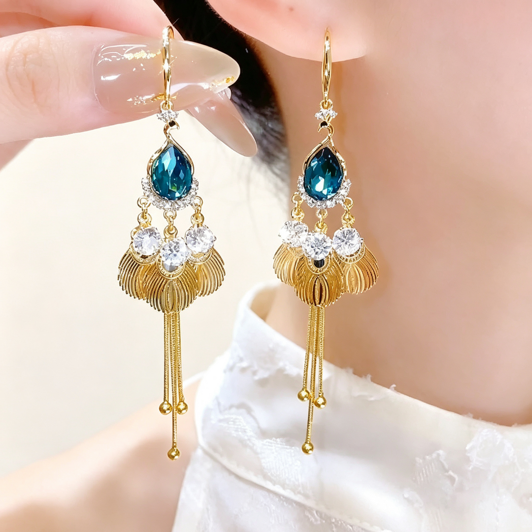 Gold Phoenix Fringe Dangle Hook Earrings