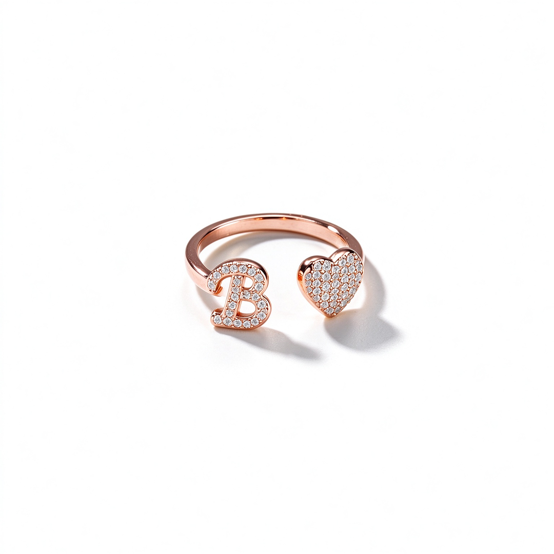 Initial Letter Heart Zircon Adjustable Open Ring