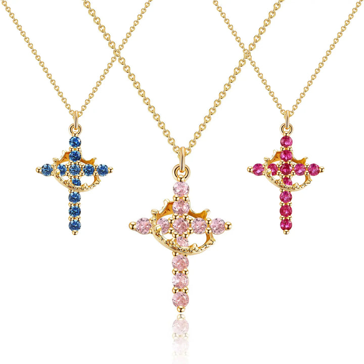 Birthstone Crown Cross Pendant Daily Necklace