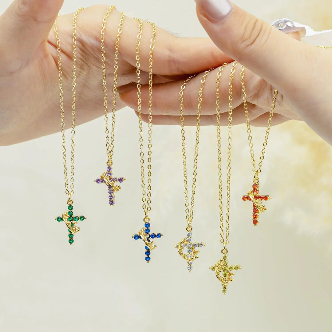Birthstone Crown Cross Pendant Daily Necklace