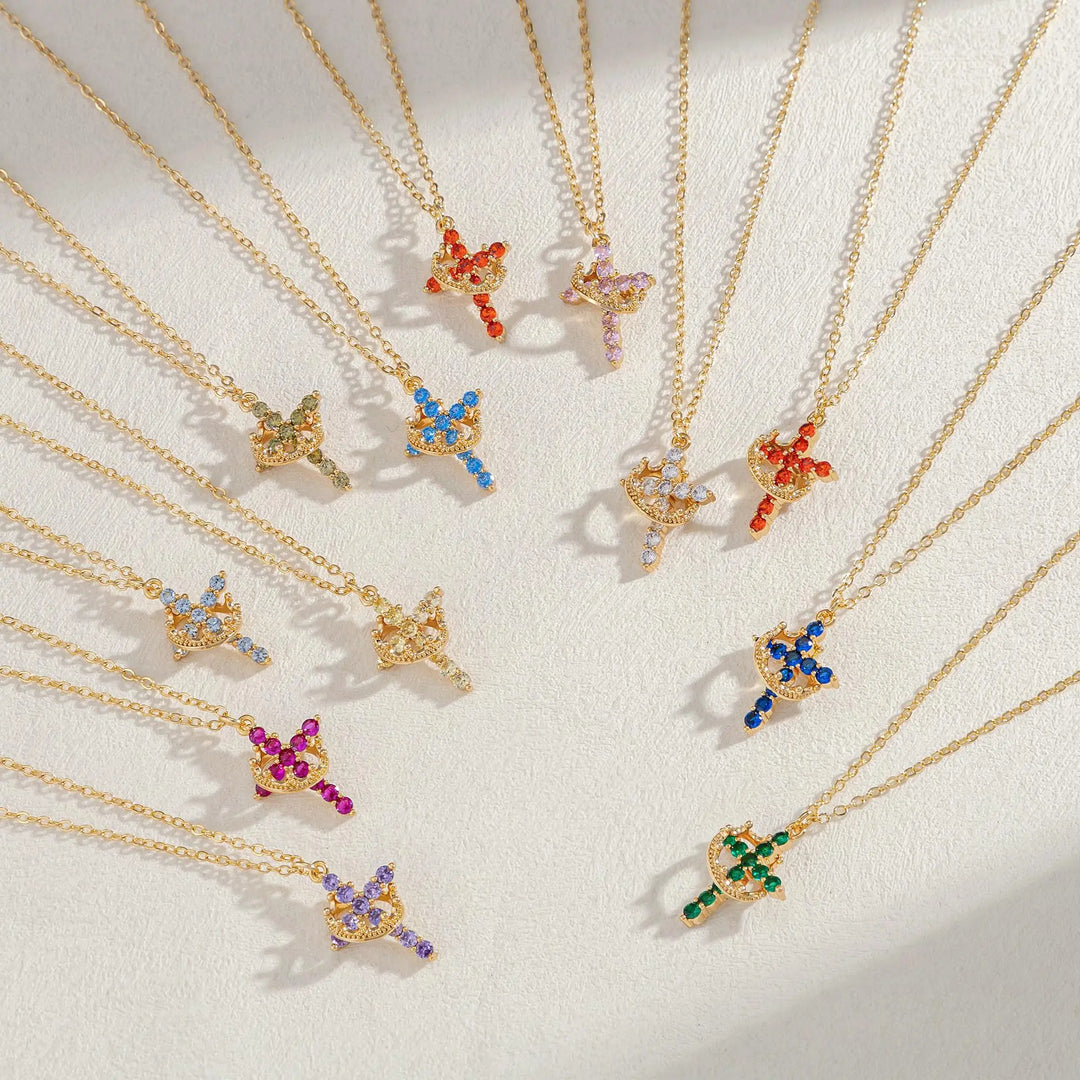 Birthstone Crown Cross Pendant Daily Necklace